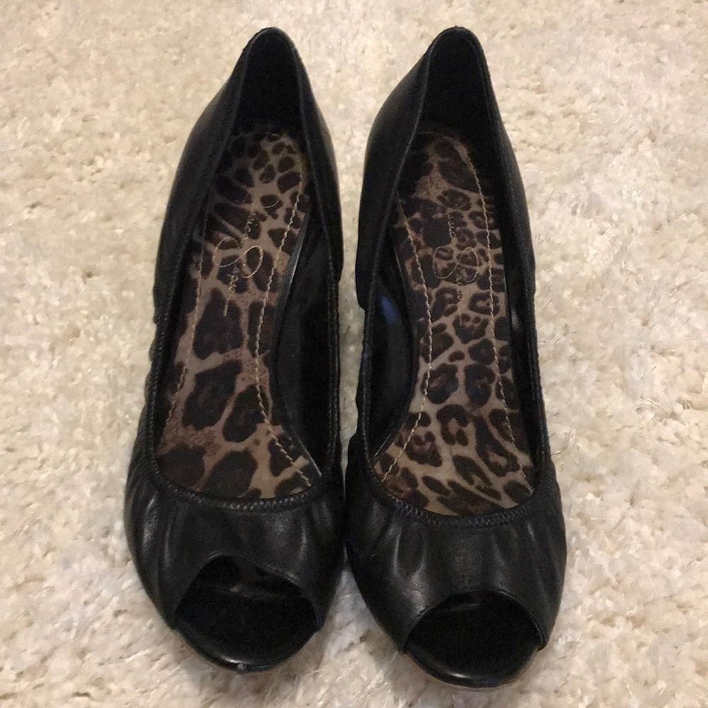 Black fo leather wedges